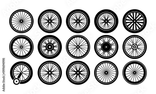 Vintage bicycle wheels collection, 15 black and white bike wheel icons, retro cycling spoke silhouettes, classic transportation vector set