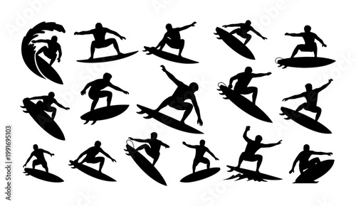 Surfer silhouette collection with 15 vector elements, black surfing man figures on surfboards, extreme water sports athlete icons for summer beach designs