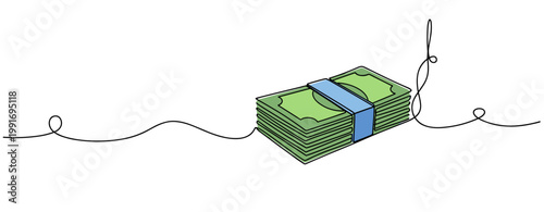 Stack of bundled bank notes placed on continuous line surface. no editable strokes