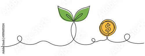 Sprout growing beside coin representing financial growth on line. no editable strokes
