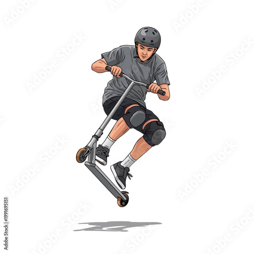 Young man performing a freestyle scooter trick in urban setting  