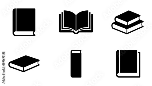 Minimalist book icon set with 6 vector elements, black solid book symbols for education and library branding, flat academic textbook silhouettes
