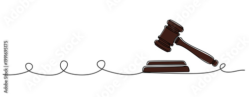 Judge gavel striking sound block on white line background. no editable strokes