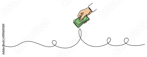 Hand giving money over continuous line on white background. no editable strokes