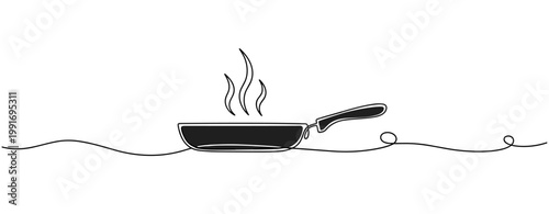 Frying pan producing steam on continuous line illustration. no editable strokes