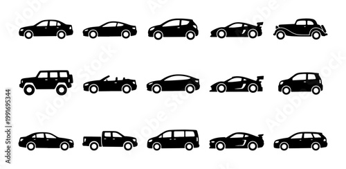 Black car silhouette icons set, 15 vehicle vector symbols including sedan, suv, sports car and truck, automotive transport collection for web design