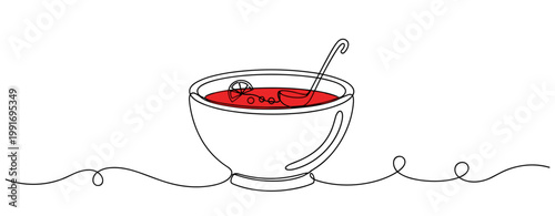 Bowl of soup with spoon on white minimal background. no editable strokes