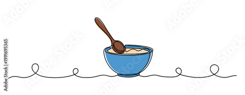 Blue bowl with wooden spoon resting on white background. no editable strokes
