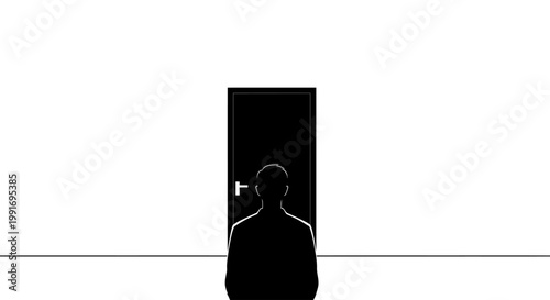 Silhouette of a person standing in front of a closed dark door in a minimalist setting