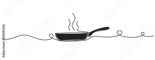 Frying pan steaming to indicate cooking on continuous line. no editable strokes