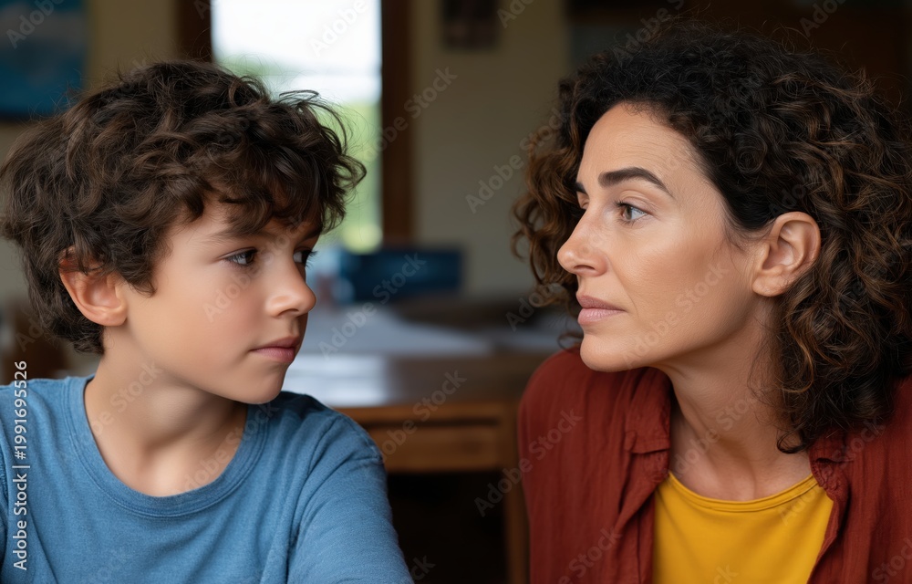 Obraz premium A mother and her young son engage in a serious discussion at home, perhaps addressing a mistake or misunderstanding
