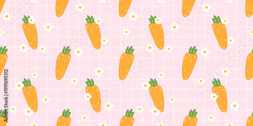 Bunny seamless gingham pattern with carrot and simple cute illustrations. Garden background vichy check geometric paper design with line. Art food elements on yellow baby blanket.