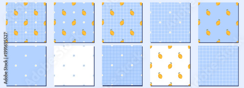 Fruit blue and gingham for summer picnic background with seamless. Food pattern of lemon and other citrus bright and cheerful design. Set on simple texture perfect for spring themes fun.
