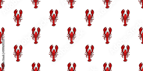 Mosaic beach lobster with sea and ocean waves seamless. Pattern of tropical coastal life for fresh healthy food. Marine themes mediterranean style illustration through kitchen view isolated.