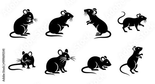 Black mouse silhouette collection, set of 8 rat vector icons, minimalist rodent animal shapes, pest control and wildlife graphic elements
