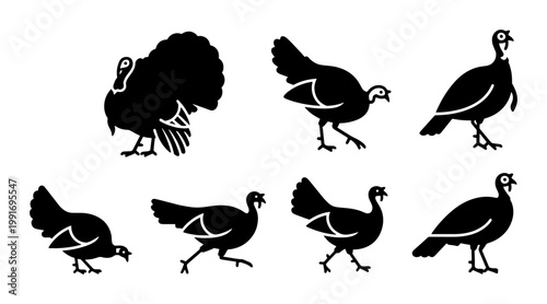 Black turkey silhouette collection, 7 wild turkey bird icons in various poses, minimalist poultry vector set for Thanksgiving and autumn designs