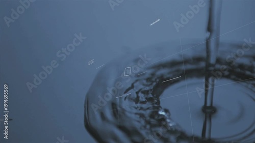 Vertical water column striking surface, forming rings and jet, HUD labeling fluid motion for tech