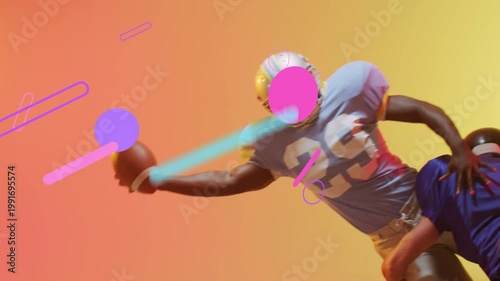 Right ball entering carrier #29 diving protecting ball as tackler engaging sports shapes overlaying