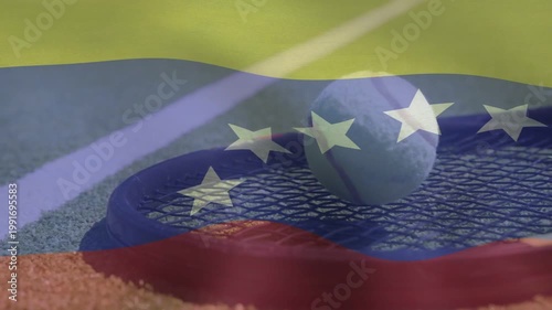 Hitting racket strings ball squashing rolling settling to top-right as flag sweeping showing bounce