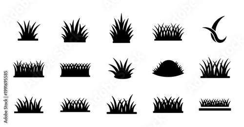 Black grass silhouette icons set, 15 nature plant vector elements, botanical lawn and meadow tuft shapes for landscape design and gardening graphics
