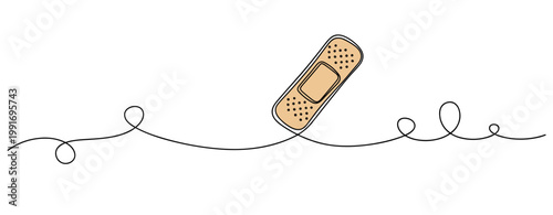 Adhesive bandage resting on continuous line illustration. no editable strokes