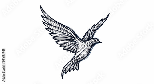 Stylized illustration of a dove with outstretched wings, drawn in dark lines