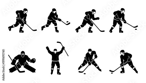 Photography Ice hockey player silhouettes set, 8 black vector icons of athletes in action, p