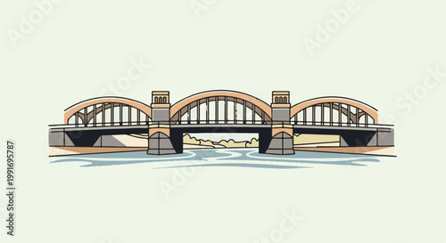 Stylized illustration of a multi-arched bridge spanning a calm river