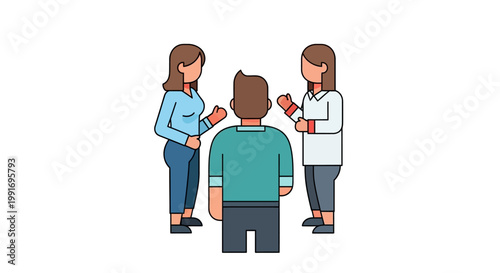 Illustration depicting a group of three diverse individuals engaged in a dynamic discussion or conversation, symbolizing collaboration and effective communication