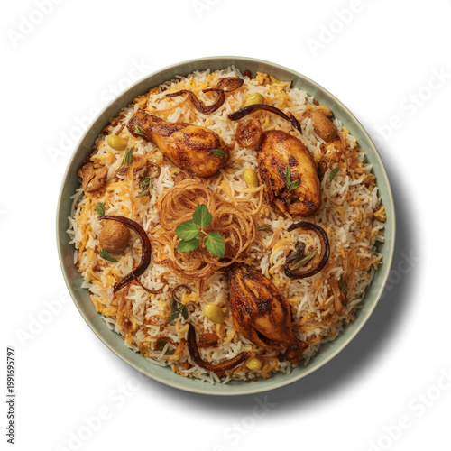 Delicious Bangladeshi chicken biryani with fried onions and herbs isolated on white background