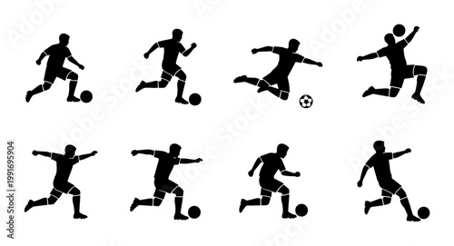 Soccer player silhouette collection, 8 football athlete action poses with ball, black male sport figures set, professional soccer player vector icons