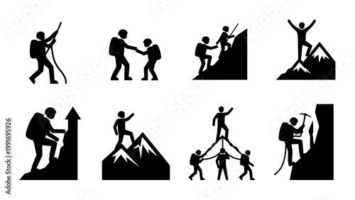 Mountain climbing silhouette icons, set of 8 hiking and mountaineering vector symbols, rock climbing team and outdoor adventure sport graphics
