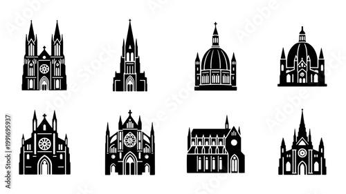 Gothic cathedral silhouette icons set, black church building vector collection, 8 religious architecture symbols, medieval cathedral facade illustrations
