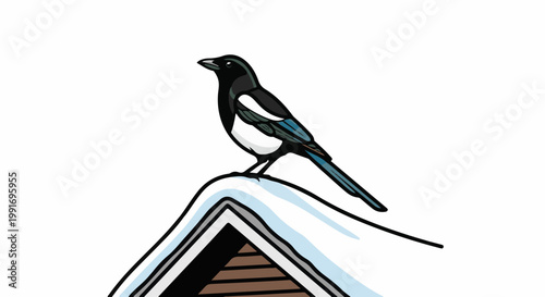 Stylized magpie perched on a snow-covered roof peak