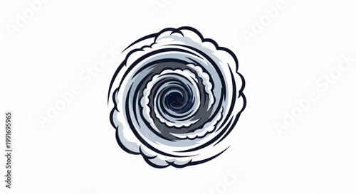 Stylized graphic depiction of a swirling vortex with dark center and gray and white outer bands