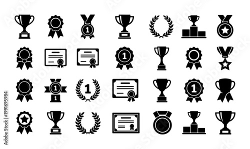 Award and trophy icons set, 28 black silhouette victory symbols, achievement medals and winner certificates, championship reward graphic elements