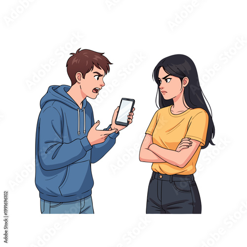 Teenagers arguing about phone usage while standing indoors  