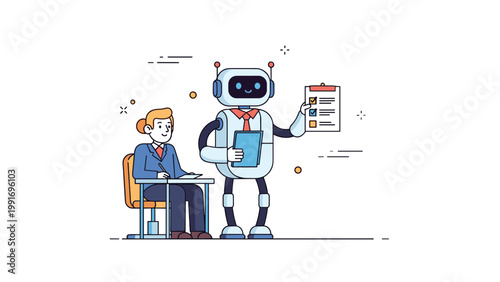 Businessman listening to robot presentation on clipboard and tablet collaboration