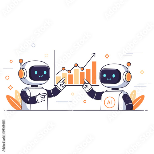 Two friendly robots discussing data with graphs and charts in background