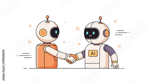 Cartoon robots shaking hands in friendly interaction on white background