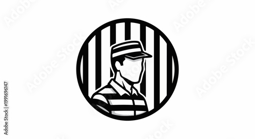 Stylized graphic of a person in a cap and striped shirt inside a circle