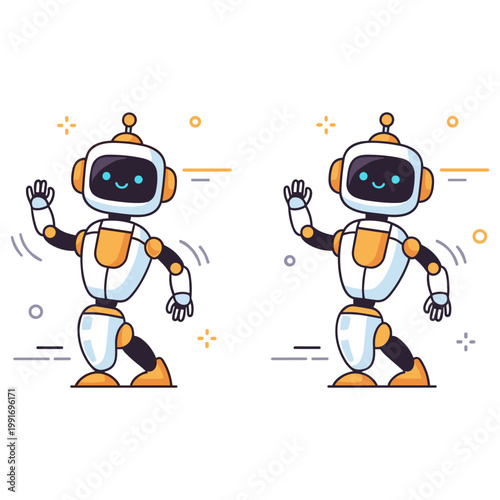 Cute dancing robots with smiling expressions and colorful accents