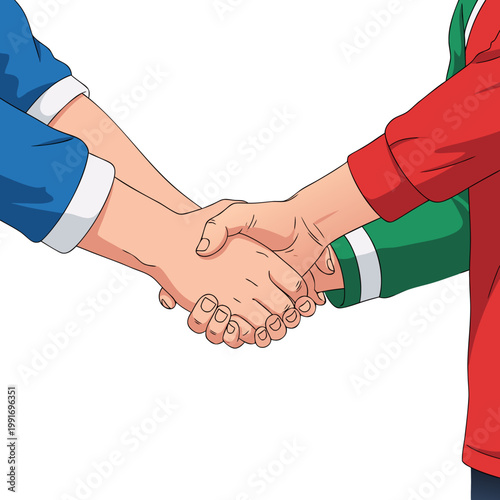 Two athletes shaking hands in sportswear with colorful sleeves  