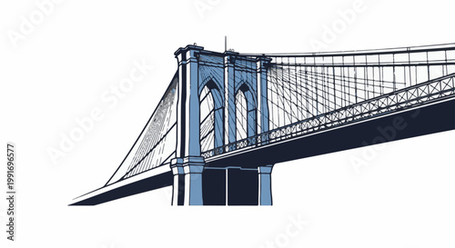 Stylized illustration of a famous suspension bridge with intricate cables and towers