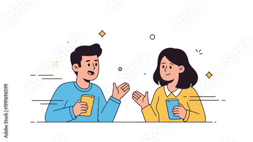 Young caucasian male and female engaging in conversation with smartphones