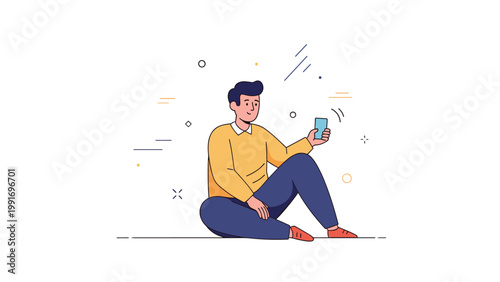 Young caucasian male relaxing with smartphone in casual attire