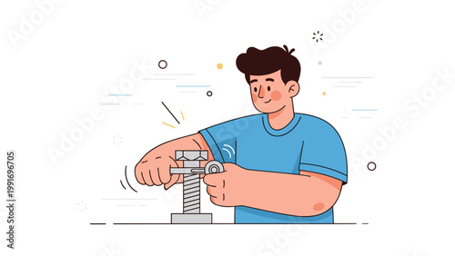 Young caucasian male assembling mechanical device with focused expression