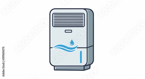 Stylized illustration of a portable evaporative cooler with a water droplet icon