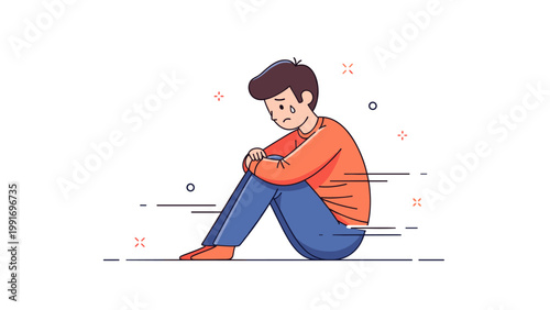 Sad young caucasian male sitting alone in thoughtful pose