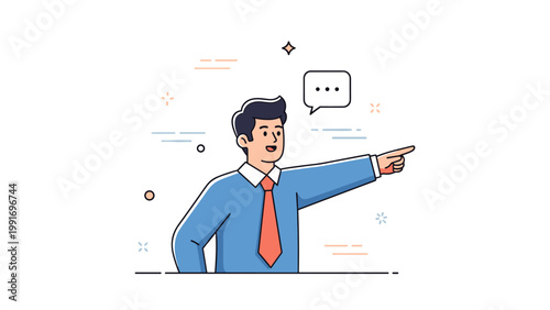 Young caucasian male cartoon character in blue suit pointing with speech bubble